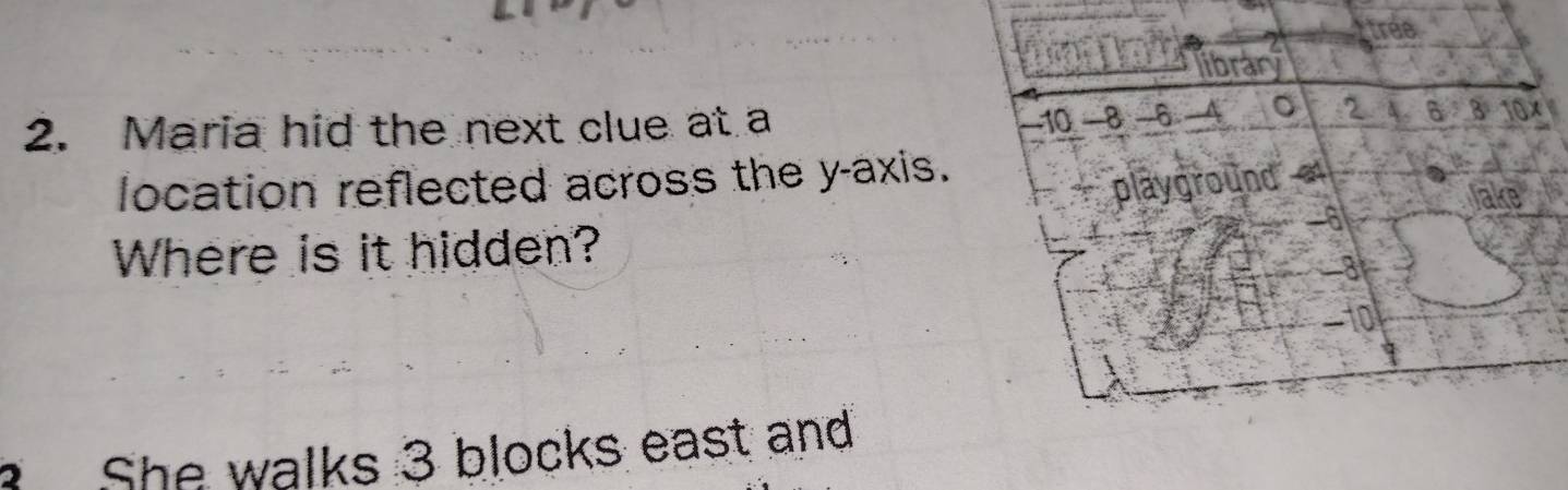 ttree 
library 
2. Maria hid the next clue at a 10 -8 -6 _A 。 2 6 10x
playground 4
location reflected across the y-axis. Jake
-8
Where is it hidden?
-3
_tol 
She walks 3 blocks east and