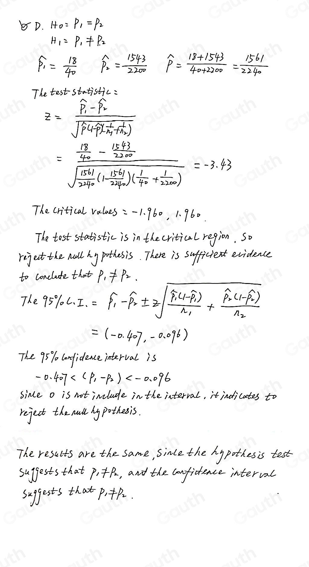 D. H_0=P_1=P_2
H_1=P_1!= P_2
widehat P_1= 18/40  widehat P_2= 1543/2200  widehat P= (18+1543)/40+2200 = 1561/2240 
The test statistic:
z=frac widehat P_1-hat P_2sqrt(P(4-P)(frac 1)frac 1m_1lg +frac 1
=frac  18/40 - (15+3)/2200  sqrt(frac 15+1)240(1- (15+1)/240 )( 1/40 + 1/2200 )=-3.63 
The critical values : -1. 960, 1. 960
The test statistic is in the critical region. So 
riject the wall hy pothesis. There is sufficient evidence 
to conclute that P_1!= P_2
The 95% L、 I. =sqrt(1)-widehat p_2± 2sqrt(frac p_1)(1-widehat p_1)n_1+frac widehat p_2(1-widehat p_2)n_2
=(-0.407,-0.096)
The 95% confidence interval is 
-0.407 P_1!= P_2 , and the confidence interval 
suggests that P_1!= P_2