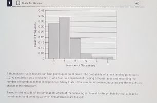 for Review 
A thumbtack that is tossed can land poist up ar poiet dows. The prob ability of a tack landing point up is 
D.2. A simulatioe was conducted in which a trial consisted of toesing 5 thanstacks and recorting the 
s hown in the histogram number of thumbtacks that lase point up. Manry Irals of the simulation were conducted and the sesuits are 
Rased on the results of the simulation, which of the following is closest to the probability that at least 2
thambtacks land pointing up when 5 thumbriacks are lossed?