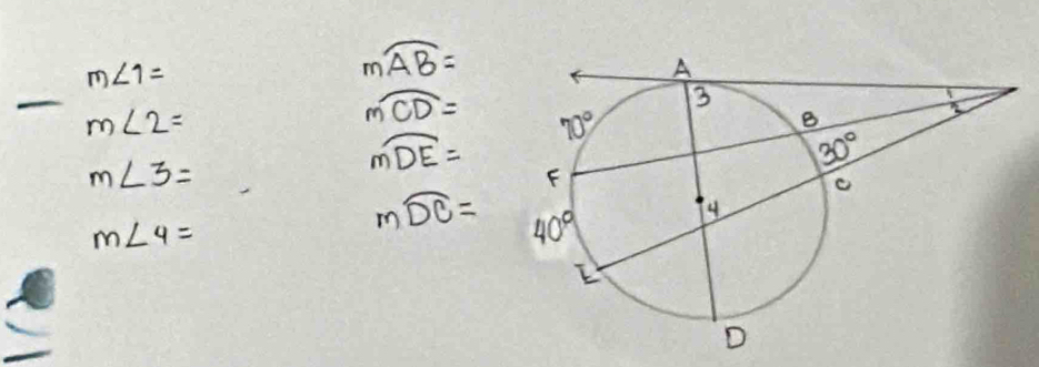 m∠ 1=
mwidehat AB=
m∠ 2=
moverline CD=
m∠ 3=
mwidehat DE=
m∠ 4=
mwidehat DC=