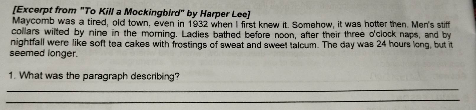 [Excerpt from "To Kill a Mockingbird" by Harper Lee] 
Maycomb was a tired, old town, even in 1932 when I first knew it. Somehow, it was hotter then. Men's stiff 
collars wilted by nine in the morning. Ladies bathed before noon, after their three o'clock naps, and by 
nightfall were like soft tea cakes with frostings of sweat and sweet talcum. The day was 24 hours long, but it 
seemed longer. 
1. What was the paragraph describing? 
_ 
_