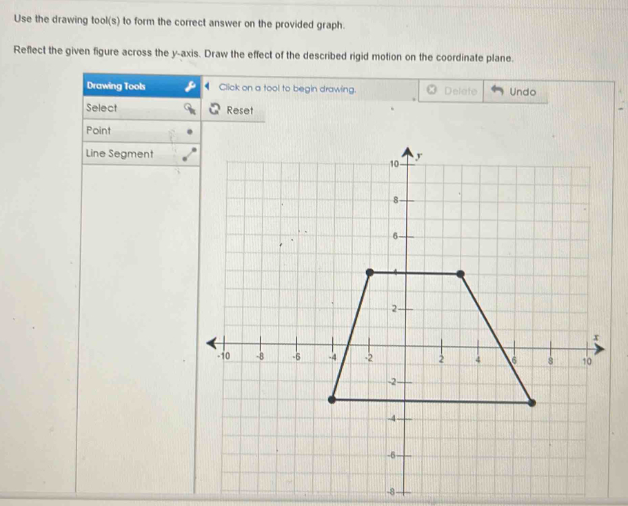 Use the drawing tool(s) to form the correct answer on the provided graph. 
Reflect the given figure across the y-axis. Draw the effect of the described rigid motion on the coordinate plane. 
Drawing Tools Click on a tool to begin drawing. Delete Undo 
Select Reset 
Point 
Line Segment
-8