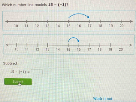 Which number line models 15-(^-1) ? 
Subtract.
15-(-1)=□
Submit 
Work it out