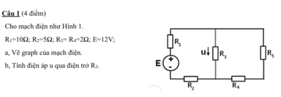 Cho mạch điện như Hình 1.
R_1=10Omega ;R_2=5Omega ;R_3=R_4=2Omega ;E=12V;
a, Vẽ graph của mạch điện. 
b, Tính điện áp u qua điện trở R_3.