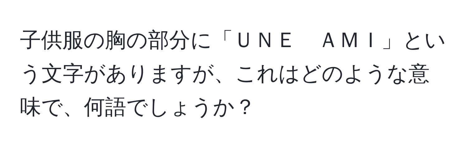 子供服の胸の部分に「ＵＮＥ　ＡＭＩ」という文字がありますが、これはどのような意味で、何語でしょうか？