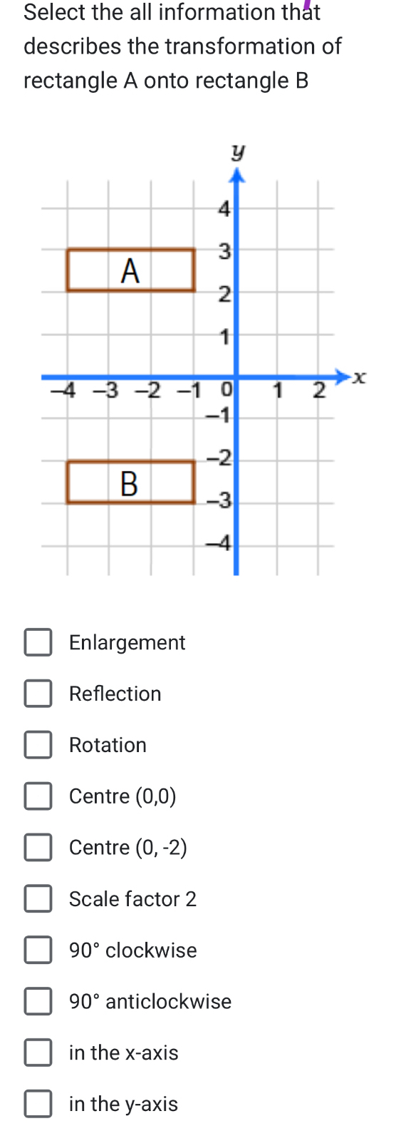 Select the all information that
describes the transformation of
rectangle A onto rectangle B
Enlargement
Reflection
Rotation
Centre (0,0)
Centre (0,-2)
Scale factor 2
90° clockwise
90° anticlockwise
in the x-axis
in the y-axis