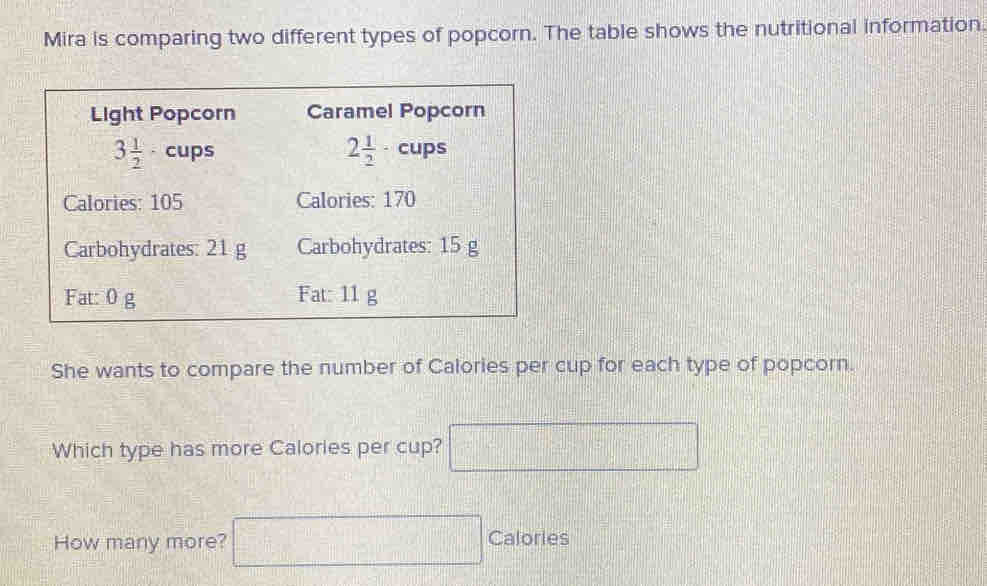 Mira is comparing two different types of popcorn. The table shows the ...