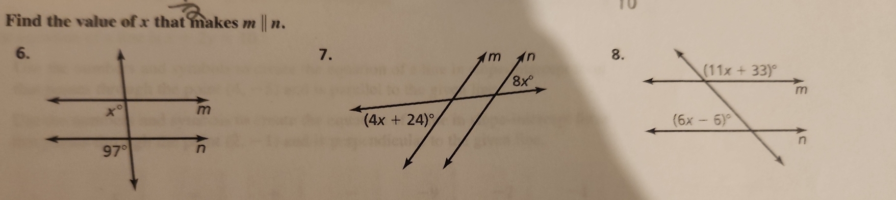 Find the value of x that makes mparallel n.
6.
7.
8.