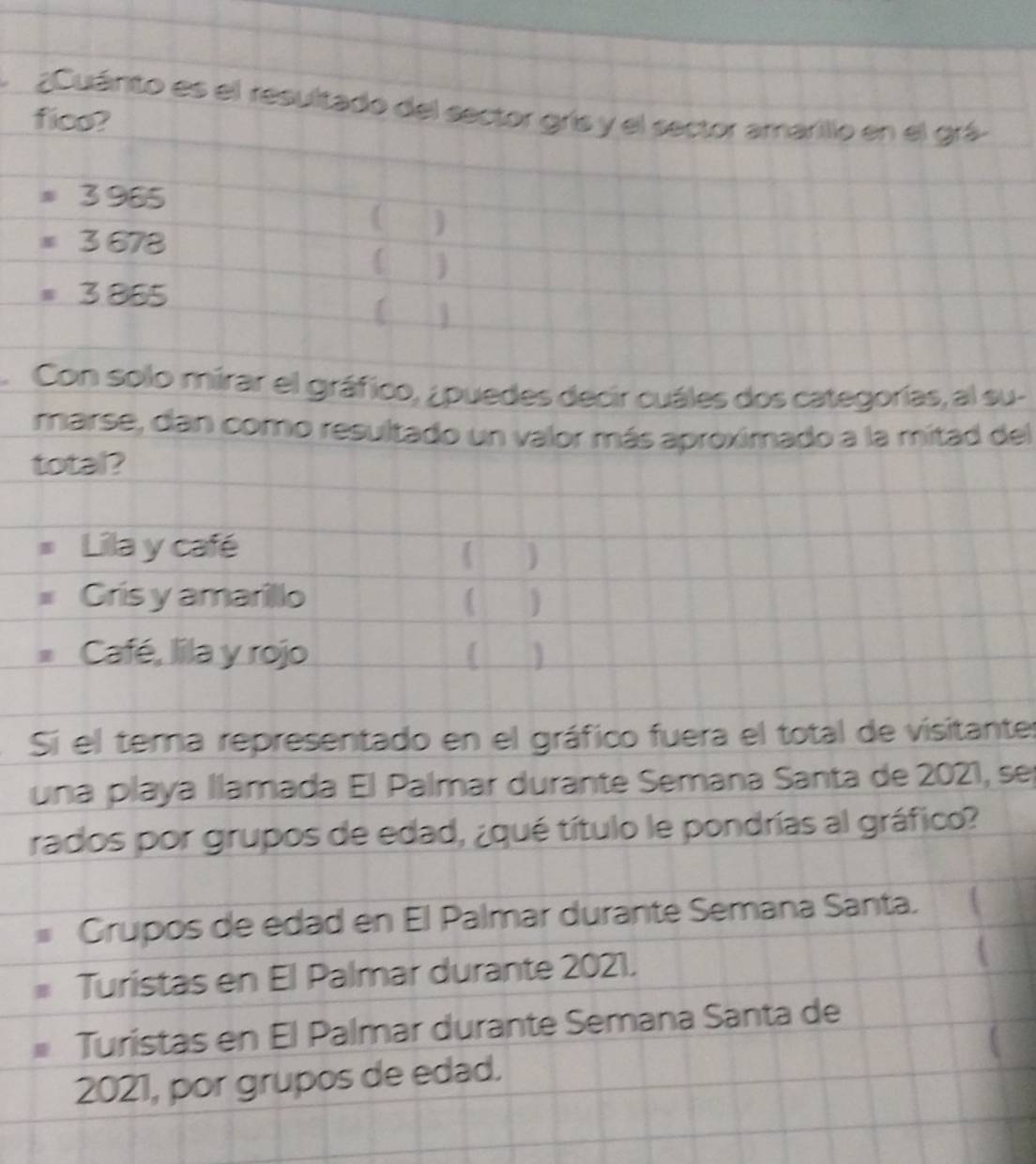 ¿Cuánto es el resultado del sector gris y el sector amarillo en el grá
fico?
=3965.
( )
=3678
( )
=3865
j
Con solo mirar el gráfico, ¿puedes decir cuáles dos categorías, al su-
marse, dan como resultado un valor más aproximado a la mitad del
total?
Lila y café
)
Gris y amarillo 
Café, lila y rojo
Si el tema representado en el gráfico fuera el total de visitantes
una playa llamada El Palmar durante Semana Santa de 2021, ser
rados por grupos de edad, ¿qué título le pondrías al gráfico?
Grupos de edad en El Palmar duranté Semana Santa.
Turistas en El Palmar durante 2021.
Turístas en El Palmar durante Semana Santa de
2021, por grupos de edad.