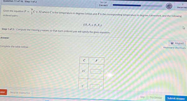 of 16, Step 1 of 2 16/28
1
Correct Incorred
Given the equation
ordered pairs: F= 9/5 C+32 where C is the temperature in degrees Celsius and F is the corresponding temperature in degrees Fahrenheit, and the following
(15,F_1).(5,F_2)
Step 1 of 2 : Compute the missing y values so that each ordered pair will satisfy the given equation.
Answer Keypad
Complete the table below.
Keyboard Shortcuts
utor Send to Instructor Try Similar Submit Answer
Skip