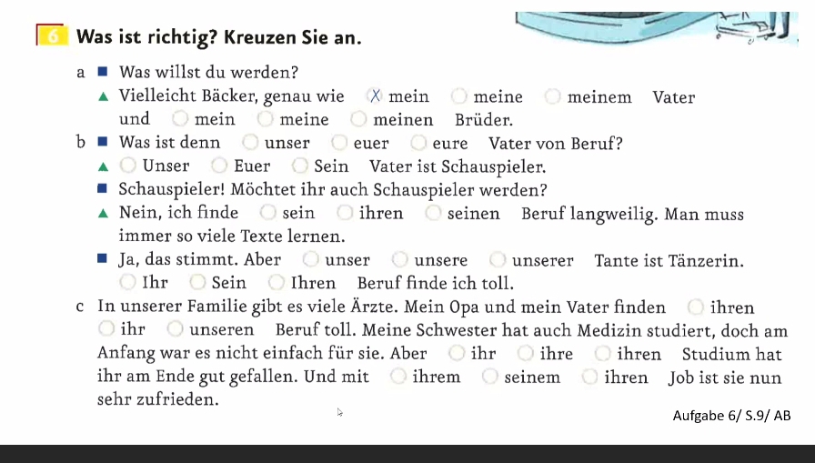 Was ist richtig? Kreuzen Sie an. 
a Was willst du werden? 
Vielleicht Bäcker, genau wie ✗ mein meine 
und mein meine meinen Brüder. 
b Was ist denn unser euer eure Vater von Beruf? 
Unser Euer Sein Vater ist Schauspieler. 
Schauspieler! Möchtet ihr auch Schauspieler werden? 
Nein, ich finde sein ihren seinen Beruf langweilig. Man muss 
immer so viele Texte lernen. 
Ja, das stimmt. Aber unser unsere unserer Tante ist Tänzerin. 
Ihr Sein ○ Ihren Beruf finde ich toll. 
c In unserer Familie gibt es viele Ärzte. Mein Opa und mein Vater finden ihren 
ihr unseren Beruf toll. Meine Schwester hat auch Medizin studiert, doch am 
Anfang war es nicht einfach für sie. Aber ihre ihren Studium hat 
ihr am Ende gut gefallen. Und mit ihrem seinem ihren Job ist sie nun 
sehr zufrieden. 
Aufgabe 6/ S. 9/ AB