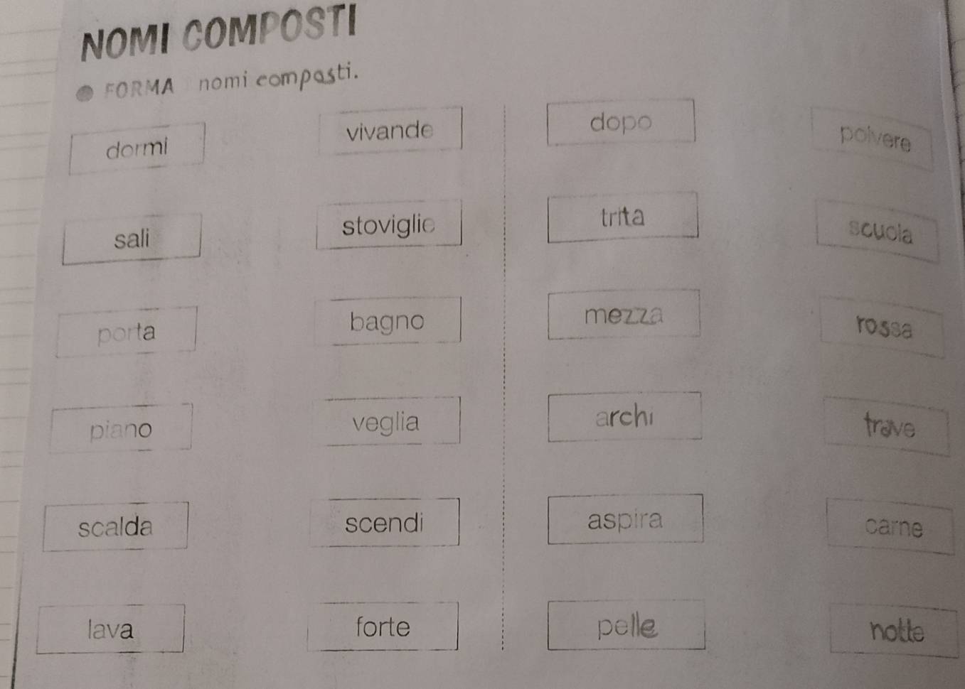 NOMI COMPOSTI 
FORMA nomi composti. 
dopo 
dormi vivande polvere 
trita 
sali stoviglie scuola 
mezza 
porta bagno rossa 
archi 
piano veglia trave 
scalda scendi aspira 
carne 
lava forte polle notte