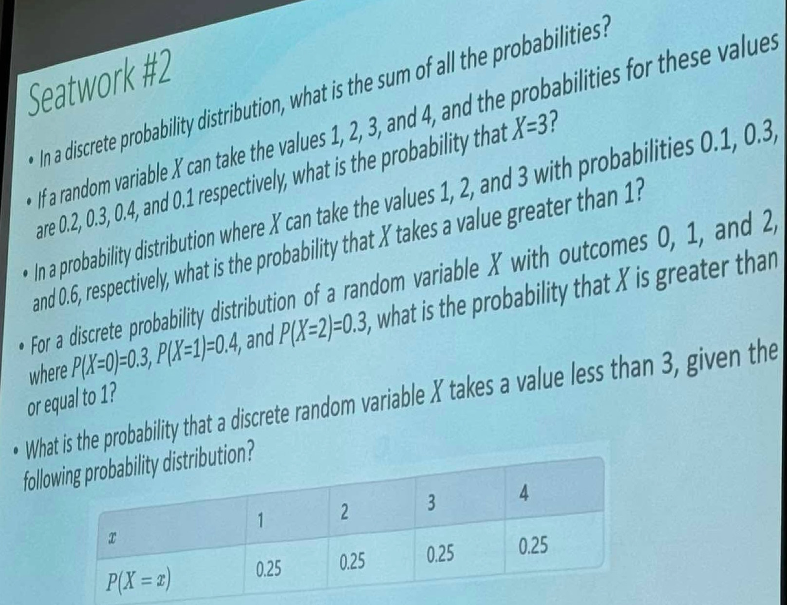 Seatwork #2
n a discrete probability distribution, what is the sum of all the probabilities s
f a random variable X can take the values 1, 2, 3, and 4, and the probabilities for these value.
are 0.2, 0.3, 0.4, and 0.1 respectively, what is the probability that X=3
n a probability distribution where X can take the values 1, 2, and 3 with probabilities 0.1, 0.3
and 0.6, respectively, what is the probability that X takes a value greater than 1?
For a discrete probability distribution of a random variable X with outcomes 0, 1, and 2
where P(X=0)=0.3,P(X=1)=0.4, , and P(X=2)=0.3, , what is the probability that X is greater than
What is the probability that a discrete random variable X takes a value less than 3, given the
or equal to 1?
folltion?