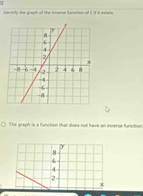 Identify the graph of the inverse function of f, if it exists.
The graph is a function that does not have an inverse function.
y
8
6
4
2
x