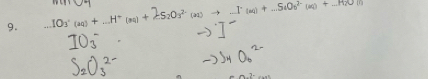 .. IO3° (2q) + ...H* (54) + =S2O3² (21) → .-.I° (64) + ...S4O6² (6) + ...HO