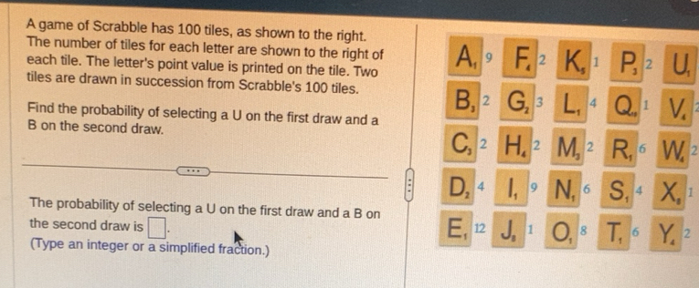 Solved: A game of Scrabble has 100 tiles, as shown to the right. The ...