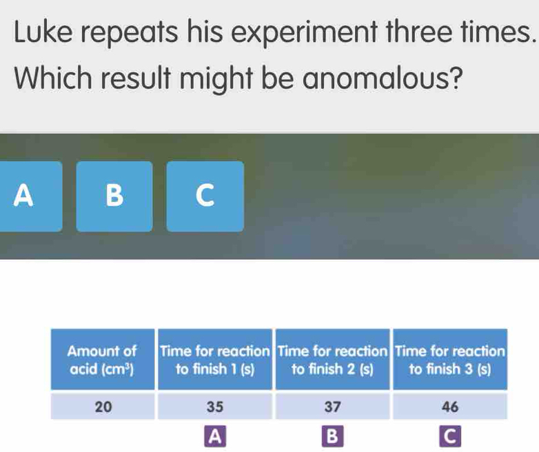 Solved: Luke repeats his experiment three times. Which result might be ...