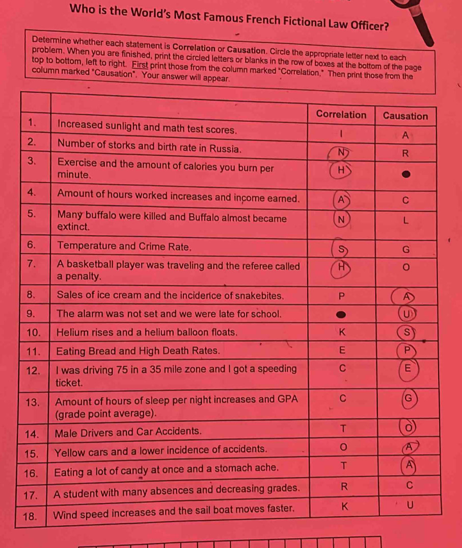 Who is the World’s Most Famous French Fictional Law Officer? 
Determine whether each statement is Correlation or Causation. Circle the appropriate letter next to each 
problem. When you are finished, print the circled letters or blanks in the row of boxes at the bottom of the page 
top to bottom, left to right. First print those from the column marked "Correlation," Then print tho 
column marked "Causation". Yo 
1