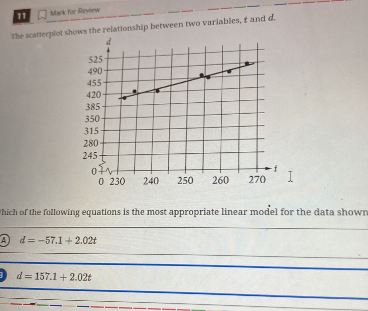 for Review
The scatterplot shws the relationship between two variables, t and d.
Which of the following equations is the most appropriate linear model for the data shown
a d=-57.1+2.02t
3 d=157.1+2.02t