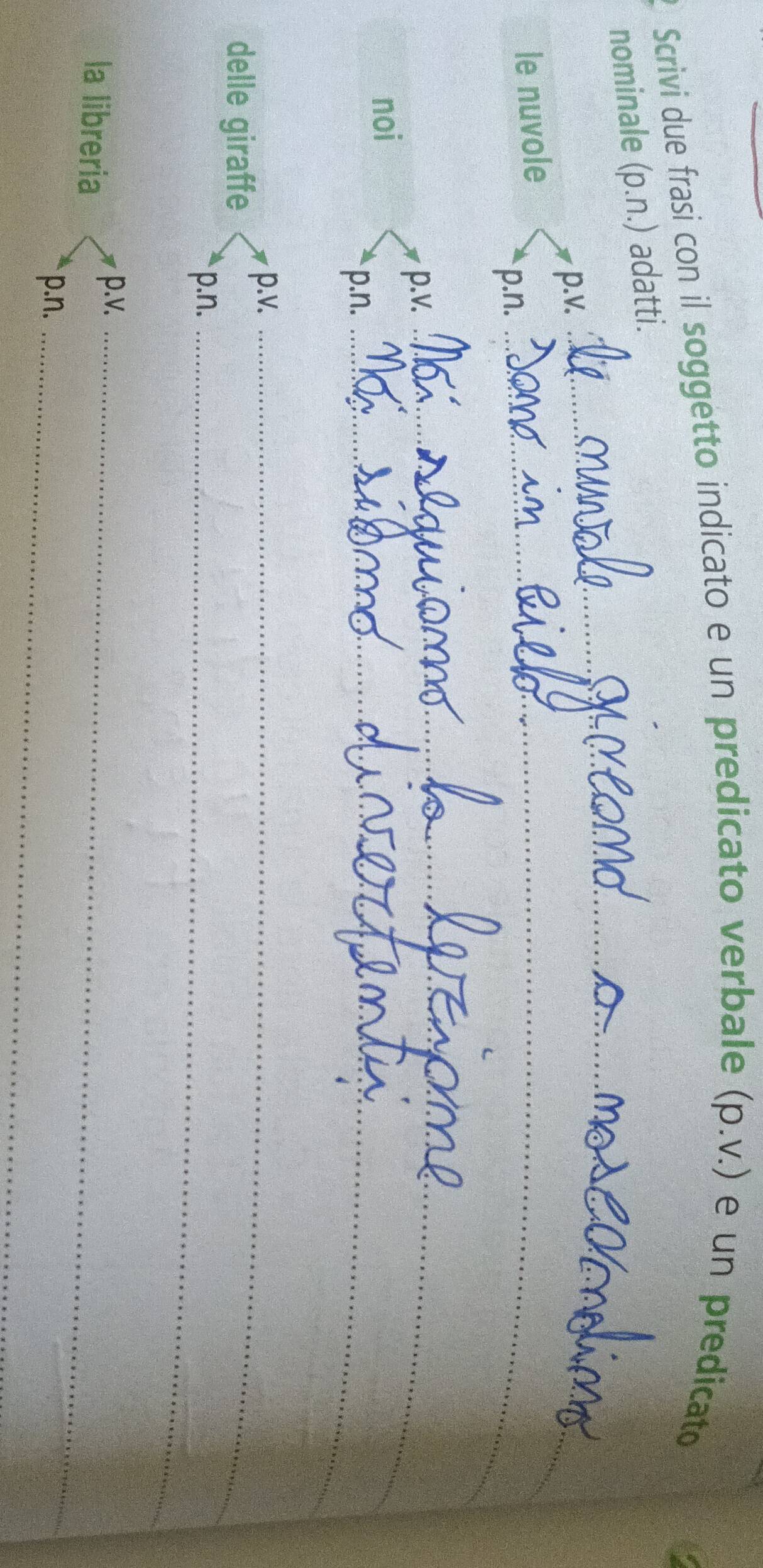 Scrivi due frasi con il soggetto indicato e un predicato verbale (p.v.) e un predicato 
nominale (p.n.) adatti. 
p.v. 
le nuvole 
_ 
p.n. 
_ 
p.v. 
_ 
noi 
_ 
p.n. 
p.v._ 
delle giraffe 
p.n._ 
la libreria p.v._ 
p.n._