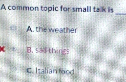 A common topic for small talk is_
A. the weather
B. sad things
C. Italian food