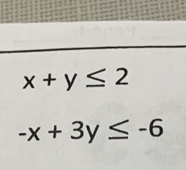 x+y≤ 2
-x+3y≤ -6