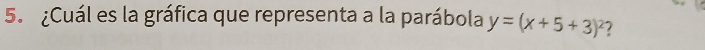 ¿Cuál es la gráfica que representa a la parábola y=(x+5+3)^2 7