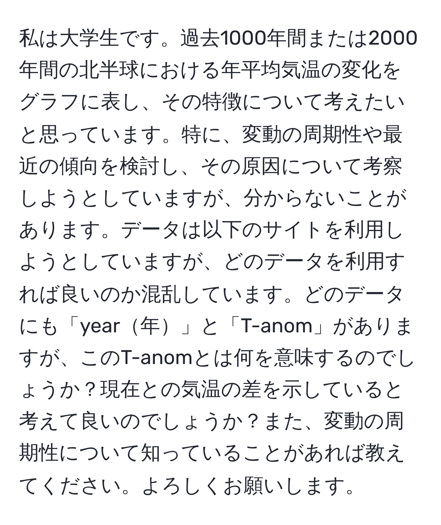 私は大学生です。過去1000年間または2000年間の北半球における年平均気温の変化をグラフに表し、その特徴について考えたいと思っています。特に、変動の周期性や最近の傾向を検討し、その原因について考察しようとしていますが、分からないことがあります。データは以下のサイトを利用しようとしていますが、どのデータを利用すれば良いのか混乱しています。どのデータにも「year年」と「T-anom」がありますが、このT-anomとは何を意味するのでしょうか？現在との気温の差を示していると考えて良いのでしょうか？また、変動の周期性について知っていることがあれば教えてください。よろしくお願いします。