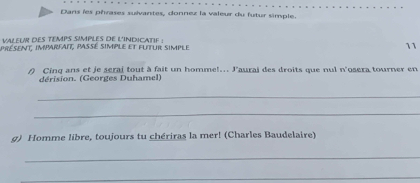 Dans les phrases suivantes, donnez la valeur du futur simple. 
VALEUR DES TEMPS SIMPLES DE L’INDICATIF : 
présent, imparfait, passé simple et futur simple 11 
f) Cinq ans et je serai tout à fait un homme!... J’aurai des droits que nul n'osera tourner en 
dérision. (Georges Duhamel) 
_ 
_ 
g) Homme libre, toujours tu chériras la mer! (Charles Baudelaire) 
_ 
_