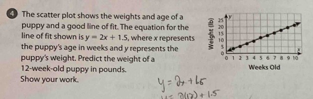 The scatter plot shows the weights and age of a 
puppy and a good line of fit. The equation for the 
line of fit shown is y=2x+1.5 , where x represents 
the puppy’s age in weeks and y represents the 
puppy's weight. Predict the weight of a
12-week-old puppy in pounds. Weeks Old 
Show your work.