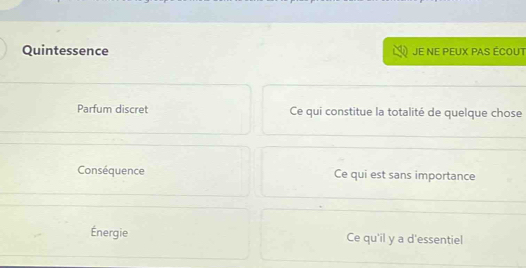 Quintessence JE NE PEUX PAS ÉCOUT
Parfum discret Ce qui constitue la totalité de quelque chose
Conséquence Ce qui est sans importance
Énergie Ce qu'il y a d'essentiel