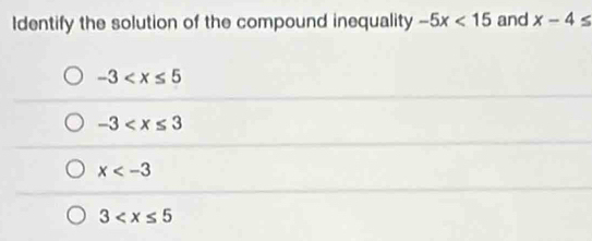 Identify the solution of the compound inequality -5x<15</tex> and x-4≤
-3
-3
x
3