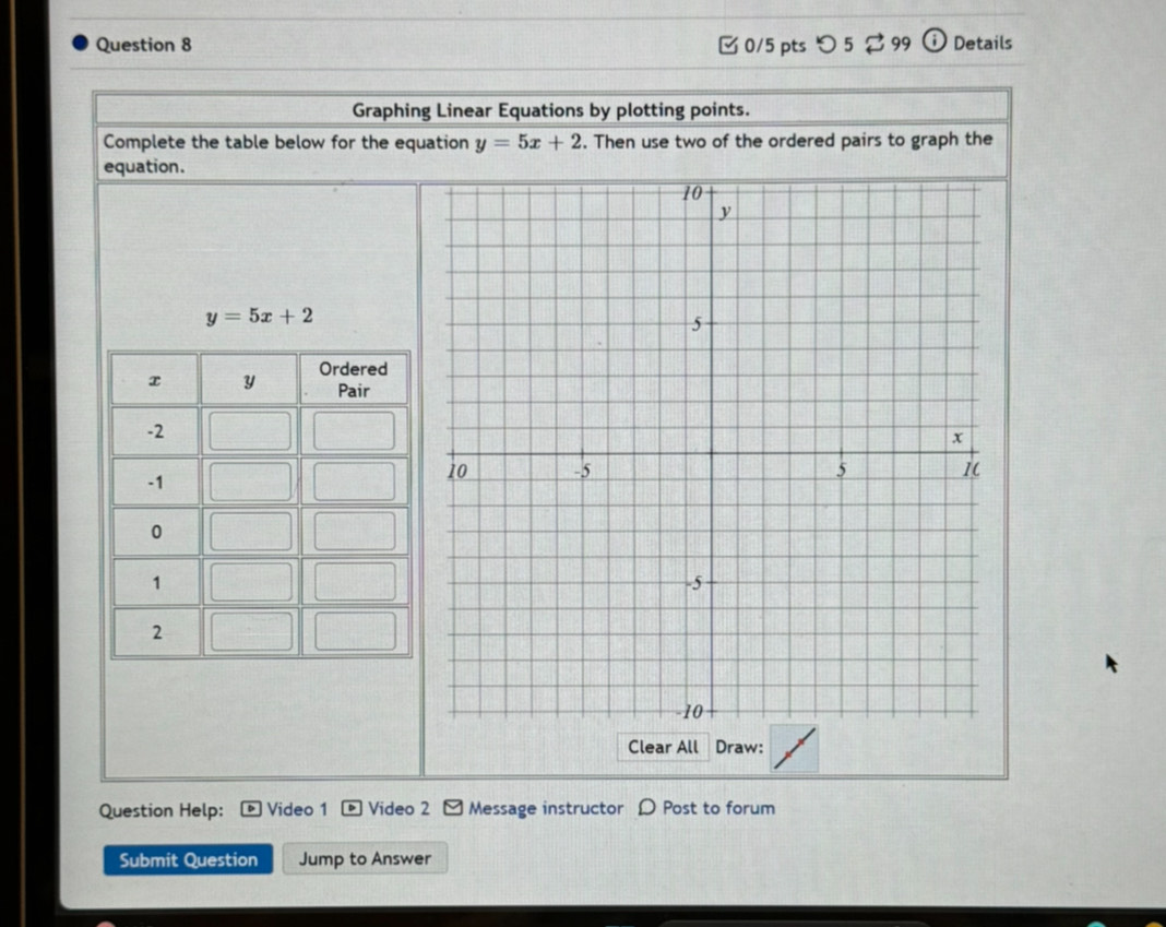 □0/5 pts つ 5 $ 99 O Details
Graphing Linear Equations by plotting points.
Complete the table below for the equation y=5x+2. Then use two of the ordered pairs to graph the
equation.
y=5x+2
Clear All Draw:
Question Help: Video 1 Video 2 Message instructor D Post to forum
Submit Question Jump to Answer