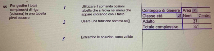 Utilizzare il comando opzioni 
65 Per gestire i totali 1 tabella che si trova nel menu che 
complessivi di riga 
(colonna) in una tabella 
pivot occorre: appare cliccando con il tasto 
2 Usare una funzione somma.se() 
3 Entrambe le soluzioni sono valide