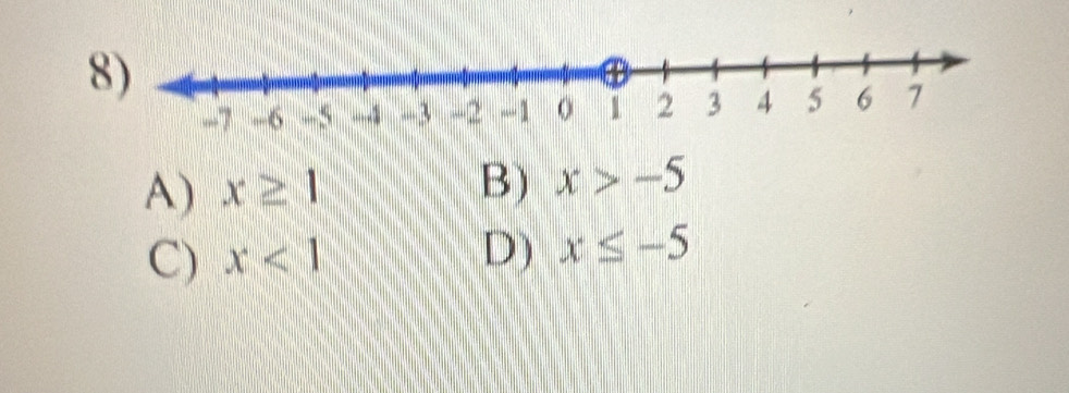 A) x≥ 1 B) x>-5
C) x<1</tex> D) x≤ -5