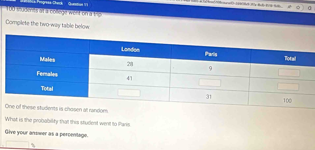 Statistics Progress Check Question 11 
1-bab5-ac7a24eee5108courselD=2d4438e9-3f7a-4bdb-8518-1b8b.
100 students at a college went on a trip. 
Complete the two-way table below 
m. 
What is the probability that this student went to Paris. 
Give your answer as a percentage.