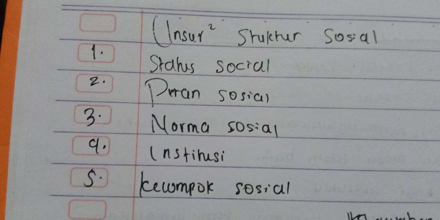 (lnsur ' Sruirer socal 
1. 
Srahs social 
2. 
Dran sosian 
3. 
Morma sos:al 
9. 
(nstirusi 
S. kecompok sosial