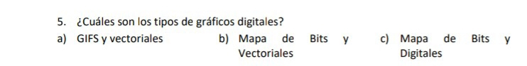 ¿Cuáles son los tipos de gráficos digitales?
a) GIFS y vectoriales b) Mapa de Bits y c) Mapa de Bits y
Vectoriales Digitales