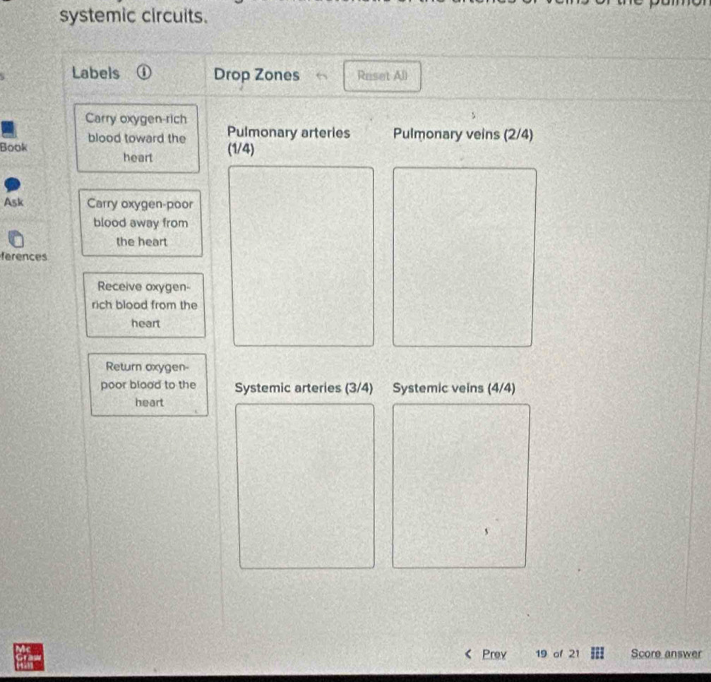 systemic circuits. 
Labels ① Drop Zones Ruset All 
Carry oxygen-rich 
Book blood toward the 
Pulmonary arteries Pulmonary veins (2/4)
heart 
(1/4) 
Ask Carry oxygen-poor 
blood away from 
the heart 
ferences 
Receive oxygen- 
rich blood from the 
heart 
Return oxygen- 
poor blood to the Systemic arteries (3/4) Systemic veins (4/4)
heart 
Prev 19 of 21 Score answer