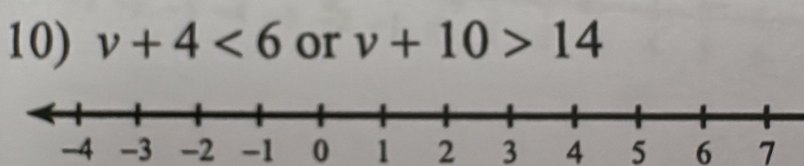 v+4<6</tex> or v+10>14
-4 -3 -2 -1 0 1 2 3 4 5 6 7