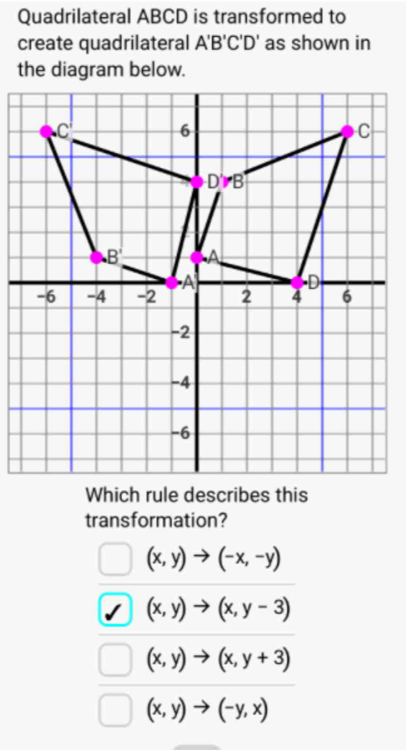 Quadrilateral ABCD is transformed to
create quadrilateral A'B'C'D' as shown in
transformation?
(x,y)to (-x,-y)
(x,y)to (x,y-3)
(x,y)to (x,y+3)
(x,y)to (-y,x)