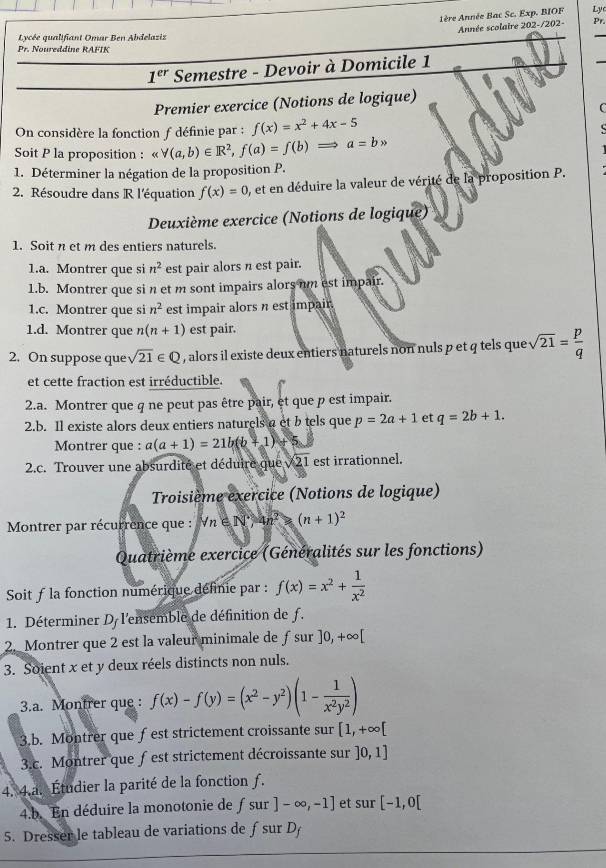 Solved: 1ère Année Bac Sc. Exp. BIOF Ly Année scolaire 202-/202- Pr ...