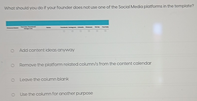 What should you do if your founder does not use one of the Social Media platforms in the template?
Add content ideas anyway
Remove the platform related column/s from the content calendar
Leave the column blank
Use the column for another purpose