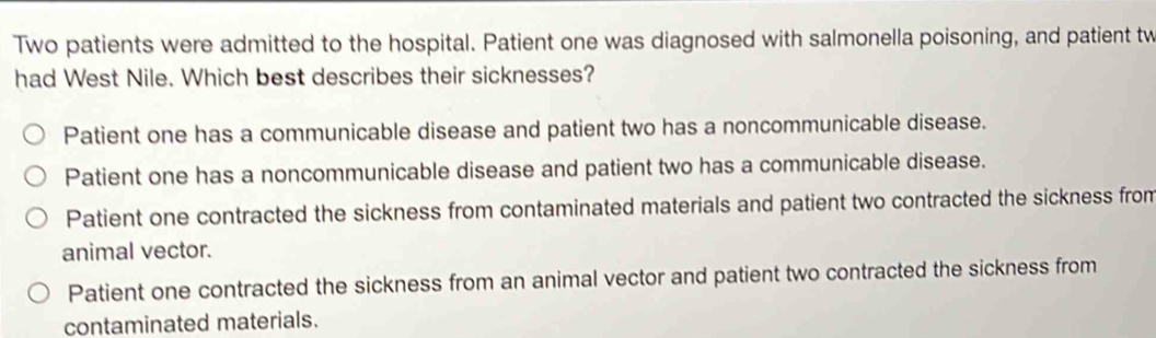 Two patients were admitted to the hospital. Patient one was diagnosed with salmonella poisoning, and patient tw
had West Nile. Which best describes their sicknesses?
Patient one has a communicable disease and patient two has a noncommunicable disease.
Patient one has a noncommunicable disease and patient two has a communicable disease.
Patient one contracted the sickness from contaminated materials and patient two contracted the sickness from
animal vector.
Patient one contracted the sickness from an animal vector and patient two contracted the sickness from
contaminated materials.