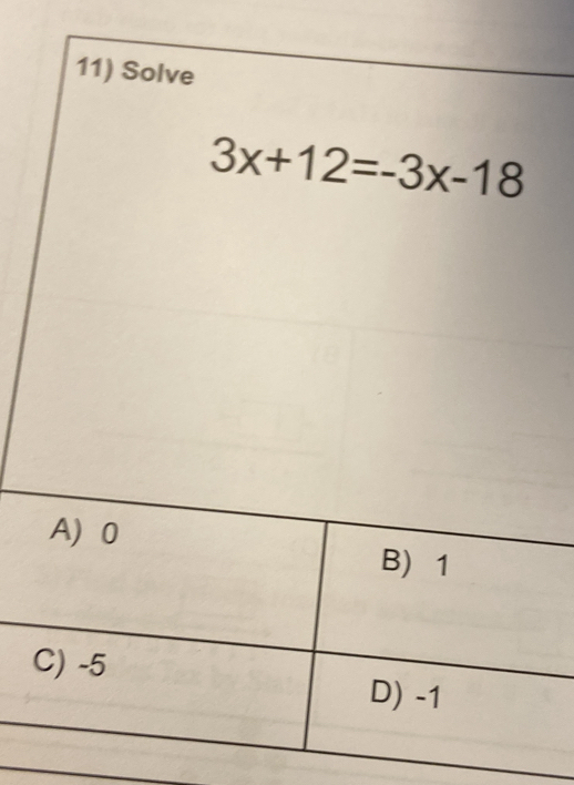 Solve
3x+12=-3x-18