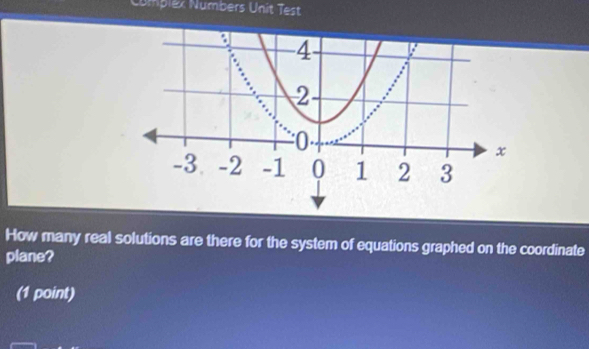 Complex Numbers Unit Test 
How many real solutions are there for the system of equations graphed on the coordinate 
plane? 
(1 point)