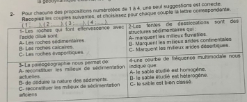 2- Pour chacune des propositions numérotées de 1 à 4, une seul suggestions est correcte.
ur chaque couple la lettre comrespondante.