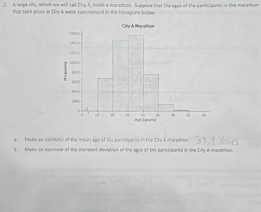 A large city, which we will cail City A, holds a marathon. Suppose that the ages of the participants in the marathon 
that took place in City A were summarized in the histogram below. 
a. Make an estimate of the mean age of the participants in the City A marathon. 
b. Make an estimate of the standard devlation of the ages of the participants in the City A marathon.