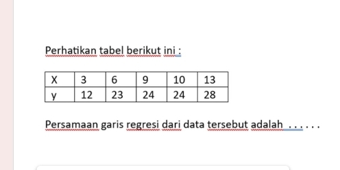 Perhatikan tabel berikut ini : 
Persamaan garis regresi dari data tersebut adalah . . . . . .