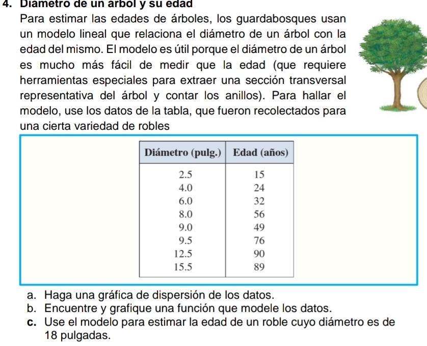 Diametro de un árbol y su edad 
Para estimar las edades de árboles, los guardabosques usan 
un modelo lineal que relaciona el diámetro de un árbol con la 
edad del mismo. El modelo es útil porque el diámetro de un árbol 
es mucho más fácil de medir que la edad (que requiere 
herramientas especiales para extraer una sección transversal 
representativa del árbol y contar los anillos). Para hallar el 
modelo, use los datos de la tabla, que fueron recolectados para 
una cierta variedad de robles 
a. Haga una gráfica de dispersión de los datos. 
b. Encuentre y grafique una función que modele los datos. 
c. Use el modelo para estimar la edad de un roble cuyo diámetro es de
18 pulgadas.